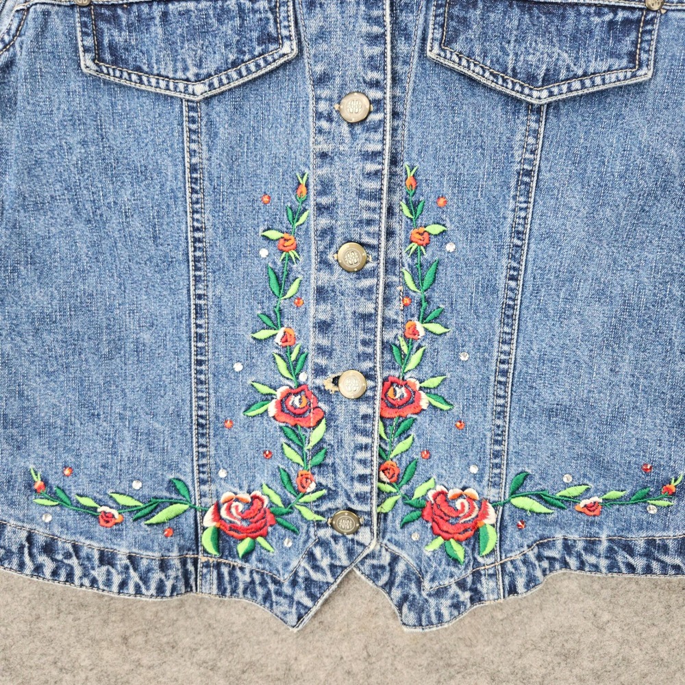 Bill Blass Denim Vest Women's Blue Medium Embroidered Floral Rose Rhinestone 90s - Picture 2 of 10